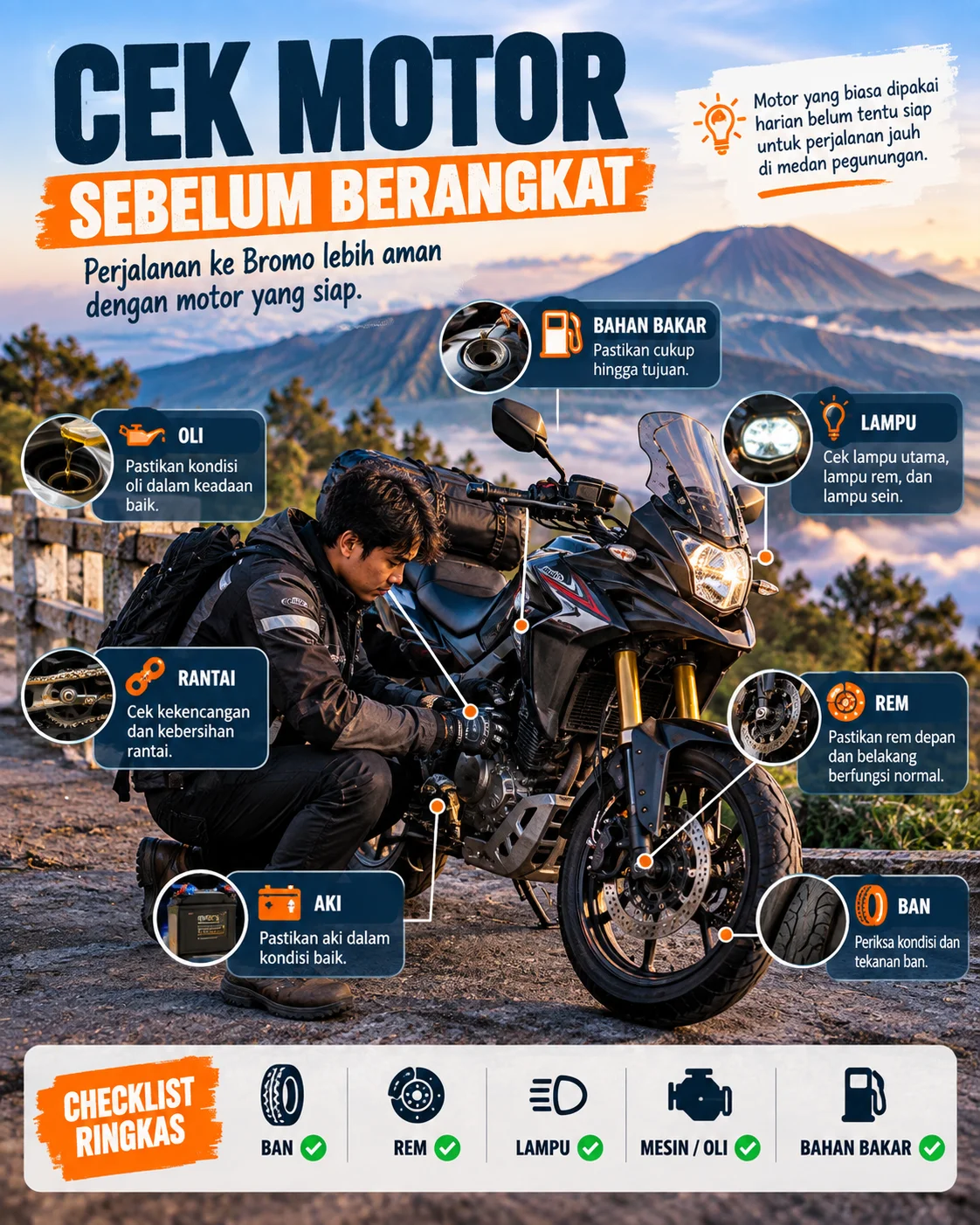 Infografis pemeriksaan motor sebelum perjalanan menuju Bromo