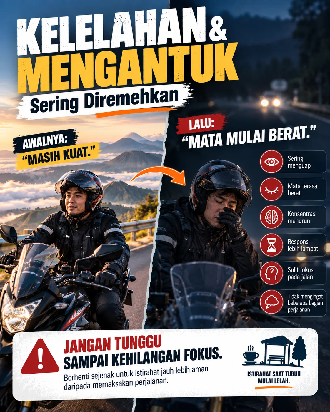 Poster perbandingan kondisi pengendara sebelum dan saat mengalami kelelahan dalam perjalanan ke Bromo