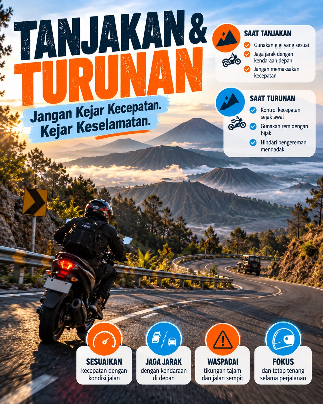 Poster keselamatan pengendara motor saat melewati tanjakan dan turunan menuju Bromo