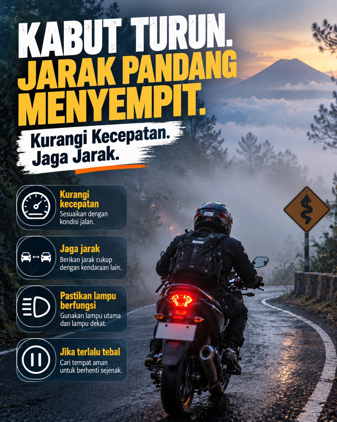 Poster perjalanan motor berkabut menuju Bromo dengan peringatan jarak pandang rendah