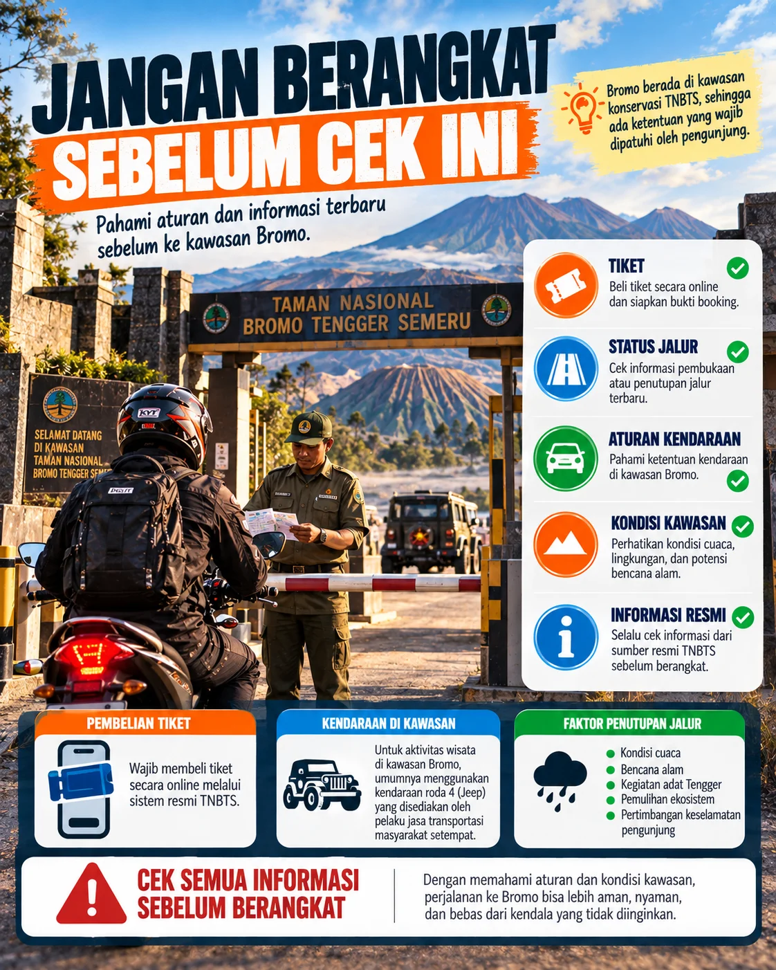 Infografis peta dan persiapan rute perjalanan menuju kawasan Bromo dengan motor