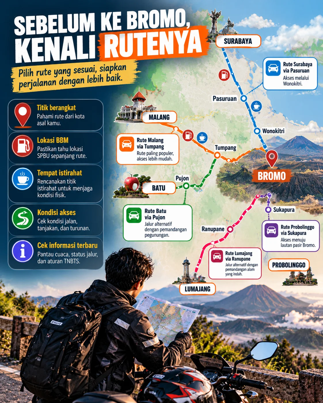 Poster checklist aturan dan informasi yang harus dicek sebelum naik motor ke Bromo