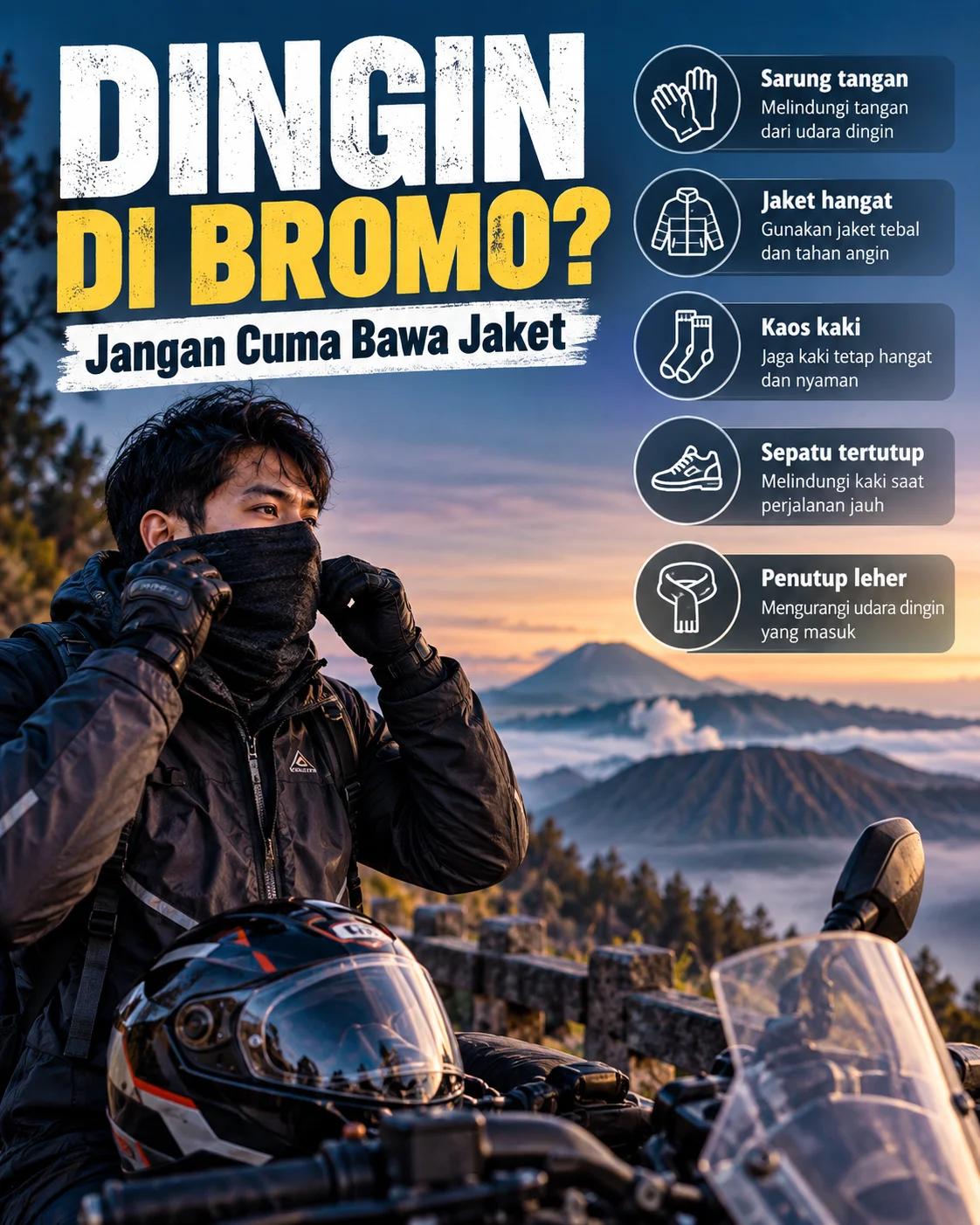 Poster checklist perlengkapan menghadapi suhu dingin saat naik motor ke Bromo